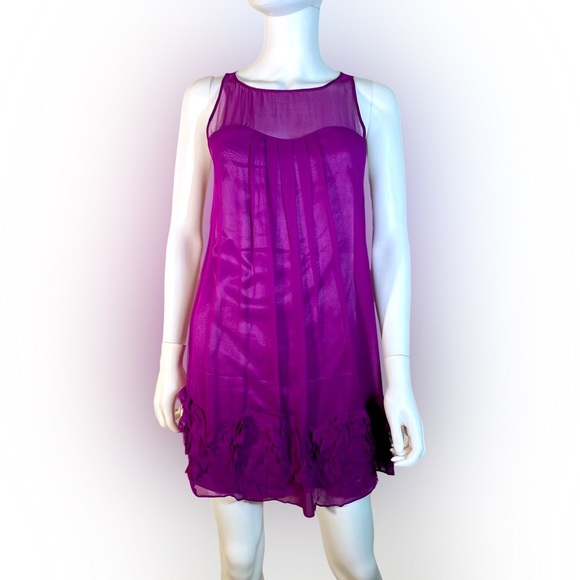 Rebecca Taylor Purple Floral Ruffle 
Trim Silk Mini Dress sz 2 - Picture 1 of 14